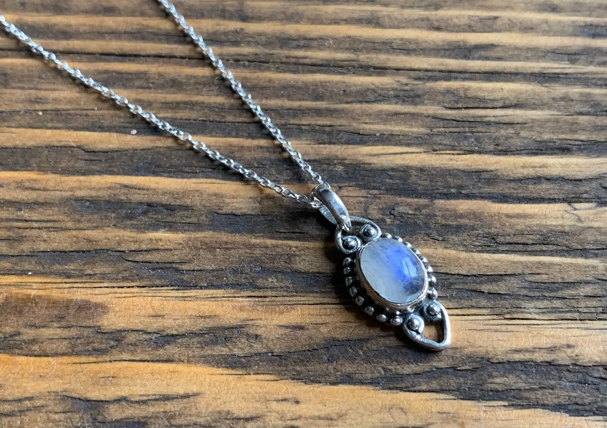 Delicate Oval Boho Rainbow Moonstone Sterling Silver Necklace by Springwaves