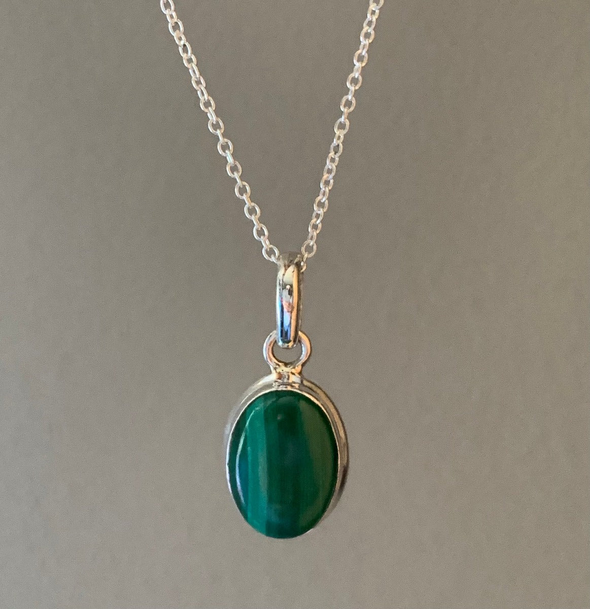 Sterling Silver Classic Oval Malachite Necklace by Springwaves