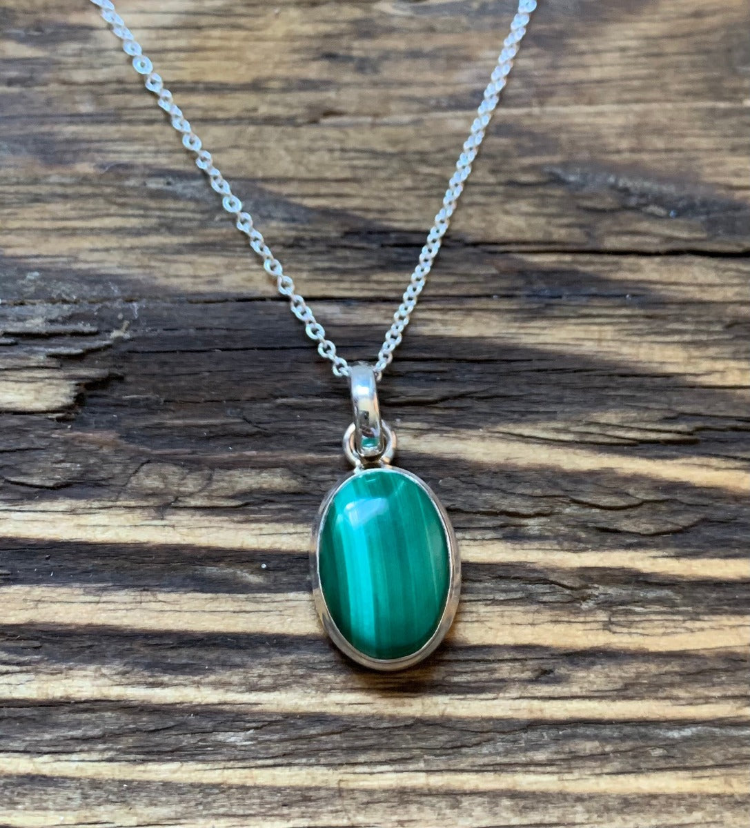 Sterling Silver Classic Oval Malachite Necklace by Springwaves