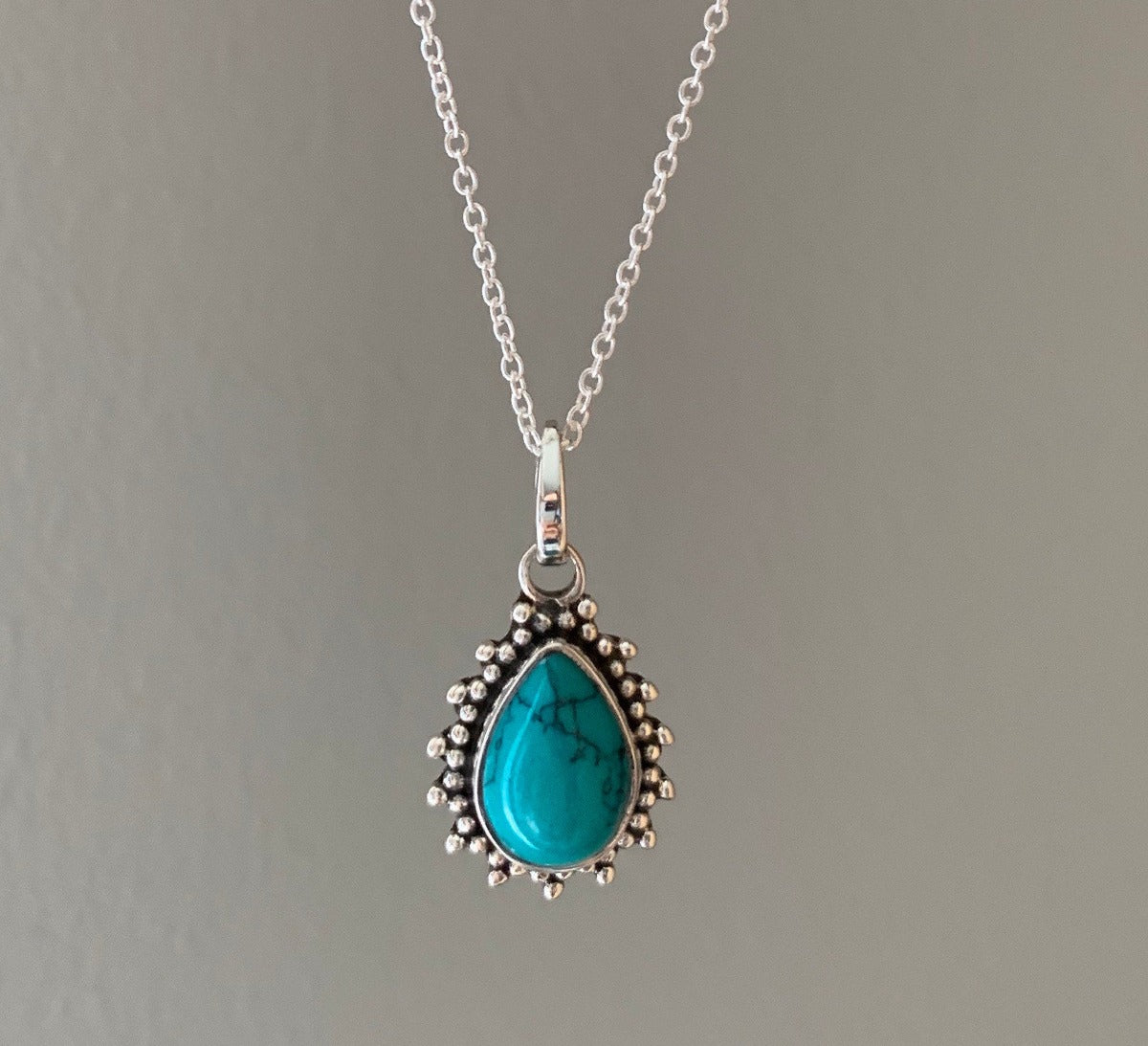 Turquoise Silver Boho Teardrop Necklace by Springwaves