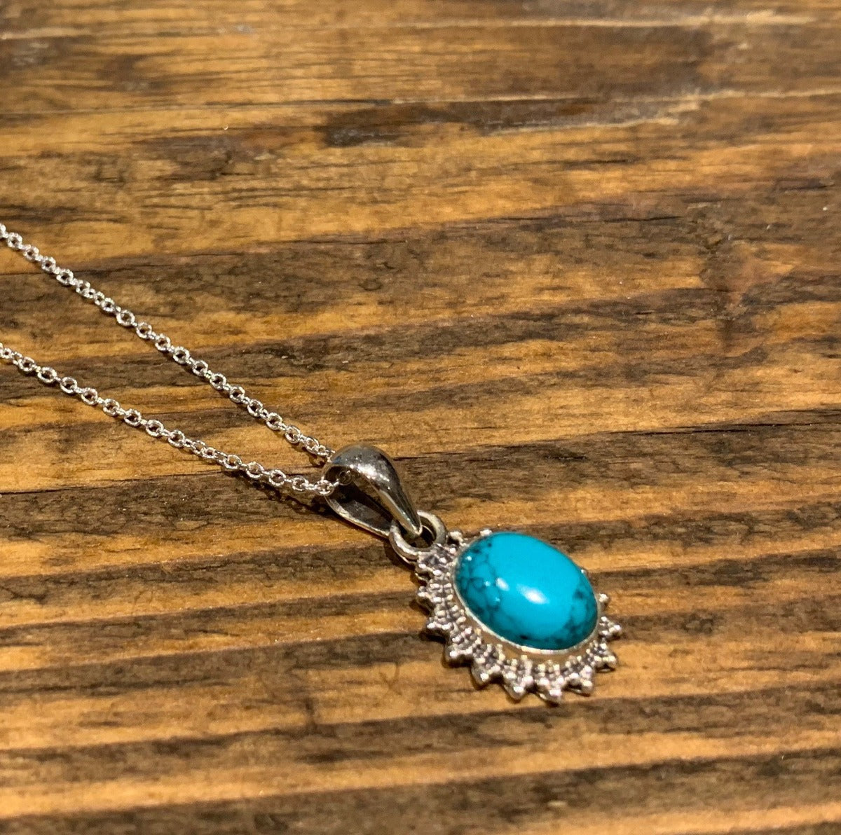 Sterling Silver Oval Starburst Turquoise Necklace by Springwaves