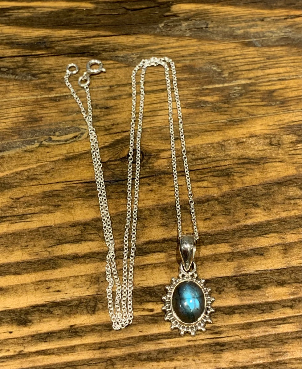 Sterling Silver Oval Starburst Labradorite Black Moonstone Necklace by Springwaves