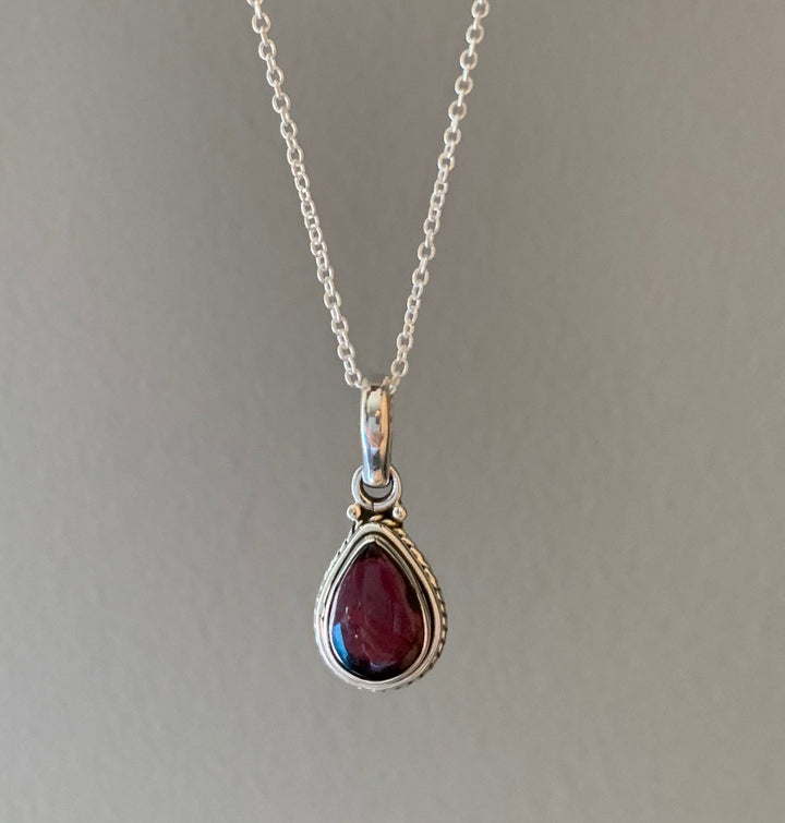 Garnet Teardrop Silver Pendant Necklace
