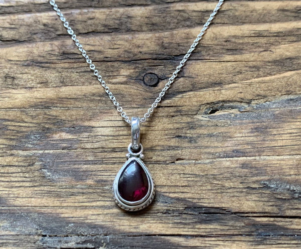 Silver Garnet Teardrop Pendant Necklace by Springwaves