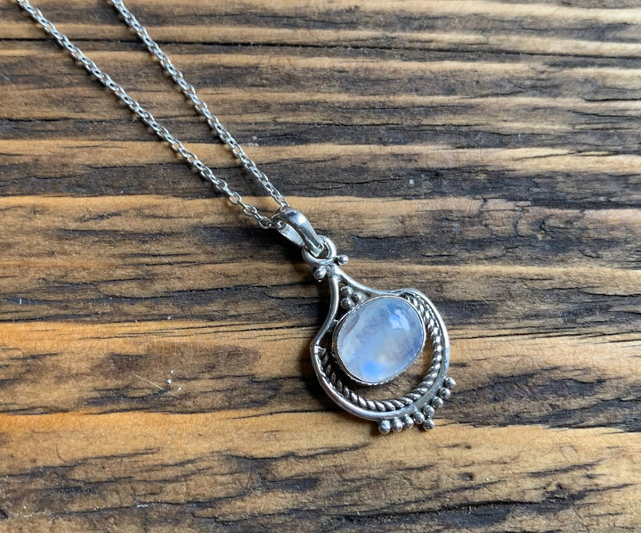Rainbow Moonstone Vintage Inspired Boho Silver Necklace
