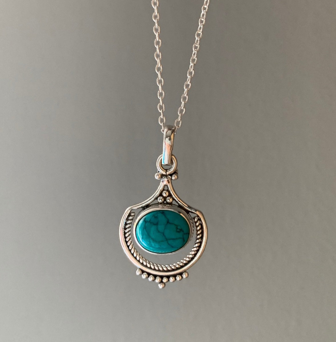 Turquoise Intricate Design Boho Silver Necklace by Springwaves