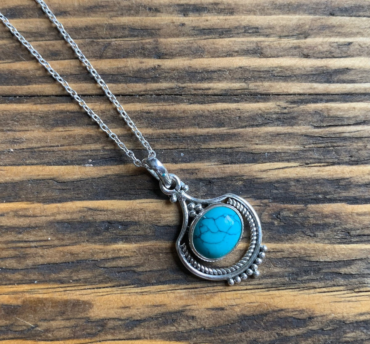 Turquoise Intricate Design Boho Silver Necklace by Springwaves