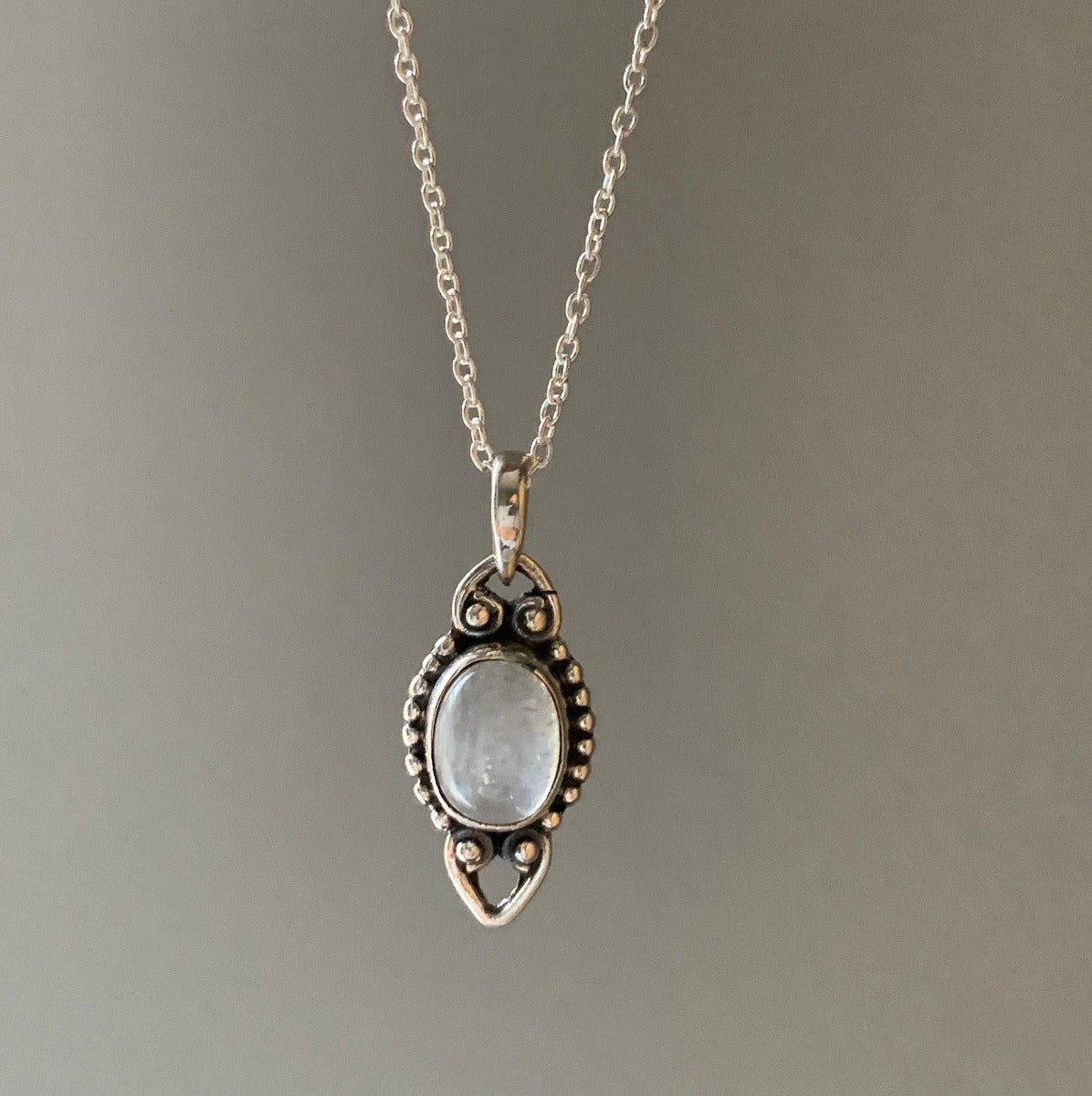 Delicate Oval Boho Rainbow Moonstone Sterling Silver Necklace by Springwaves