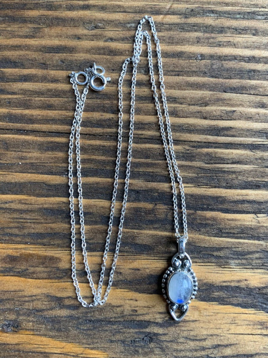 Delicate Oval Boho Rainbow Moonstone Sterling Silver Necklace by Springwaves