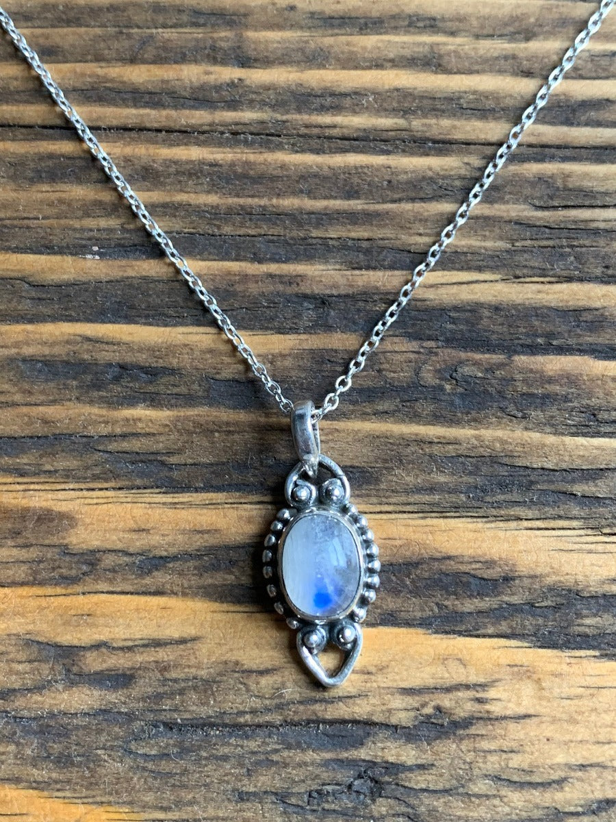 Delicate Oval Boho Rainbow Moonstone Sterling Silver Necklace by Springwaves