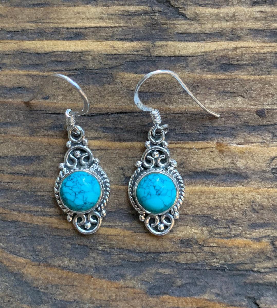 Delicate Ornate Silver Turquoise Drop Earrings by Springwaves