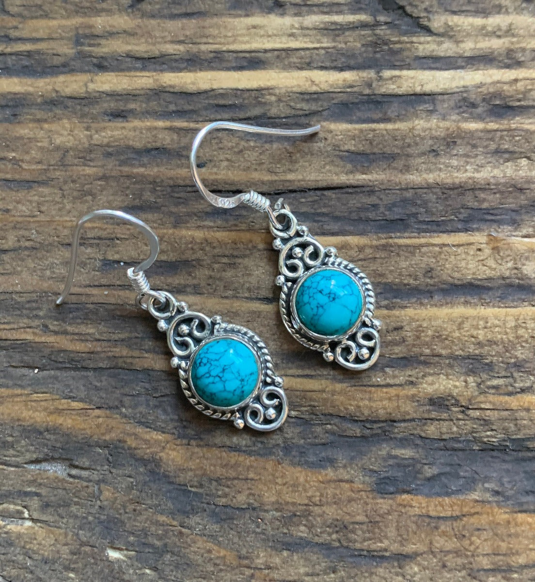 Delicate Ornate Silver Turquoise Drop Earrings by Springwaves