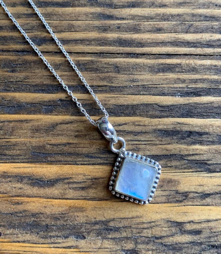 Sterling Silver Square / Rhombus  Rainbow Moonstone Necklace