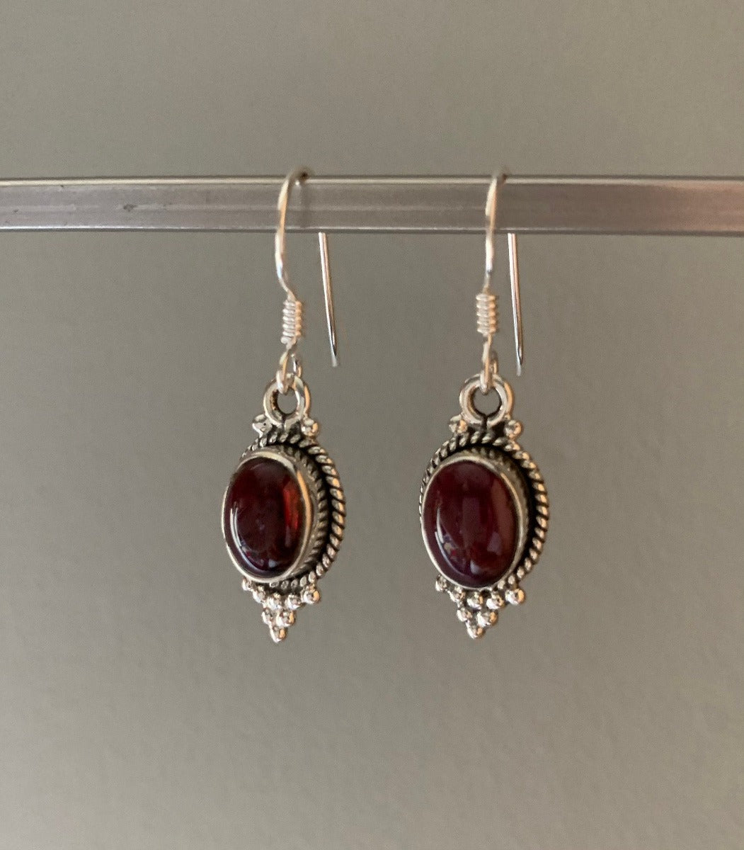 Sterling Silver Boho Oval Red Garnet Earrings by Springwaves