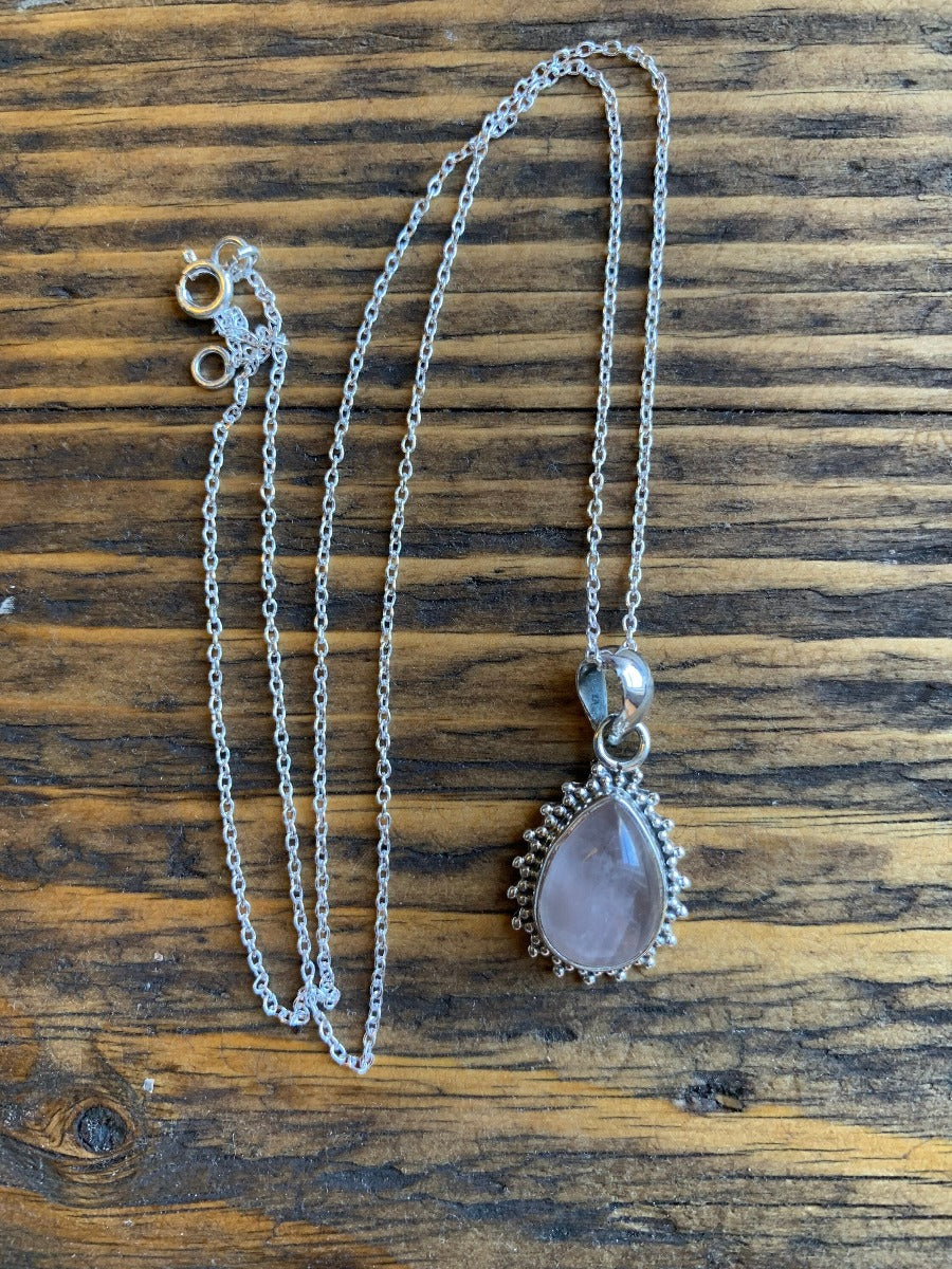 Rose Quartz Silver Boho Teardrop Necklace by Springwaves