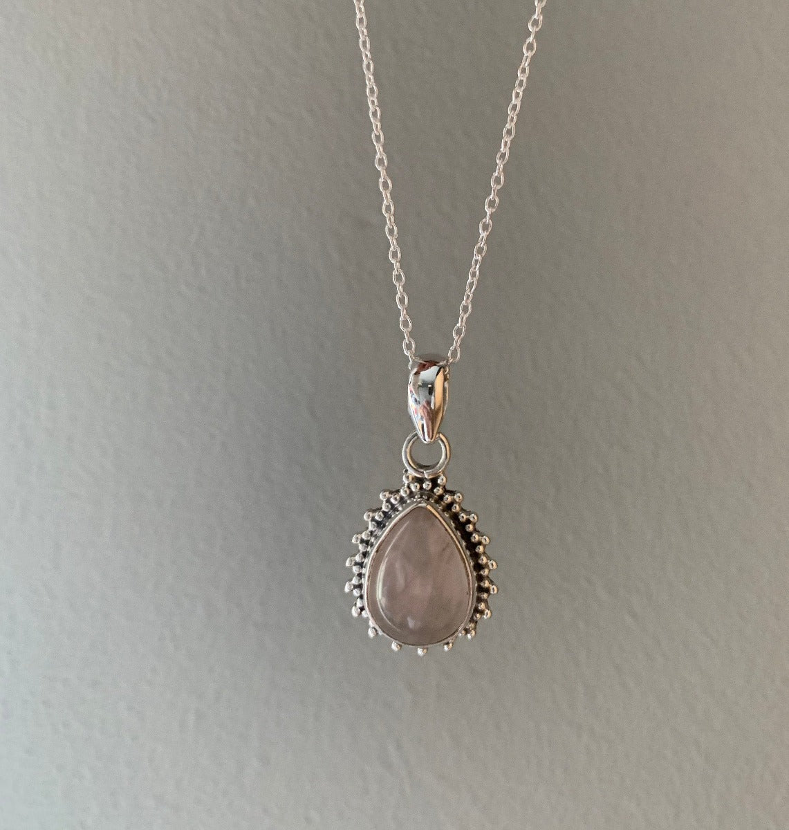 Rose Quartz Silver Boho Teardrop Necklace by Springwaves