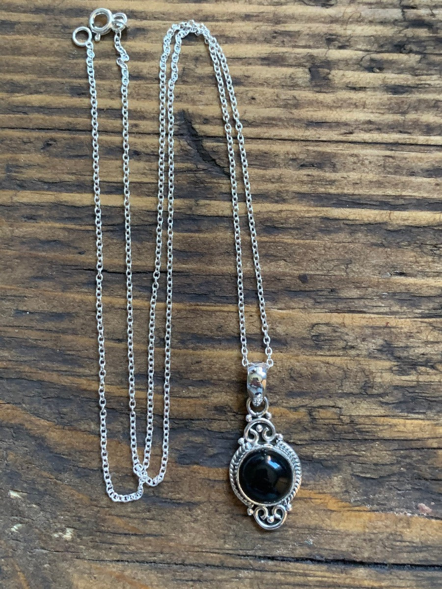 Black Onyx Dainty Elegant Flower Pendant Necklace by Springwaves