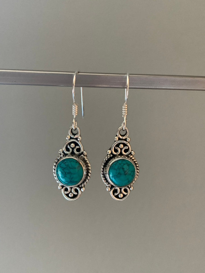 Turquoise Vintage Scroll Silver Drop Earrings