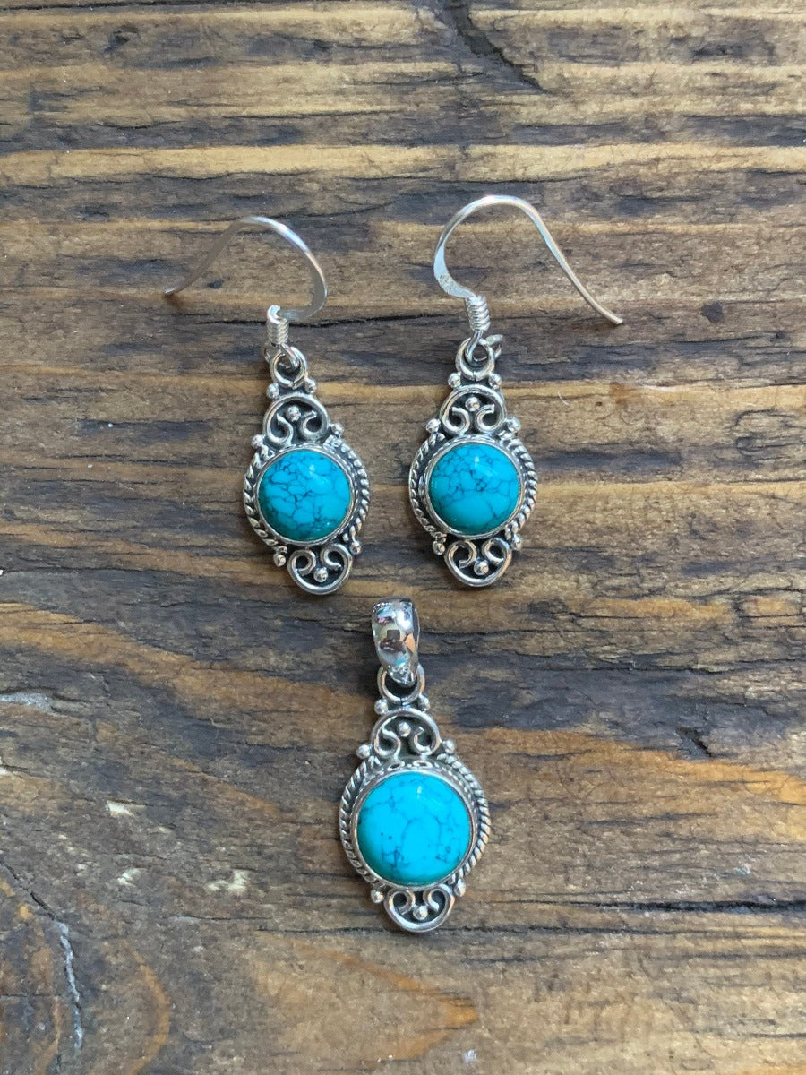 Delicate Ornate Silver Turquoise Drop Earrings and Pendant by Springwaves
