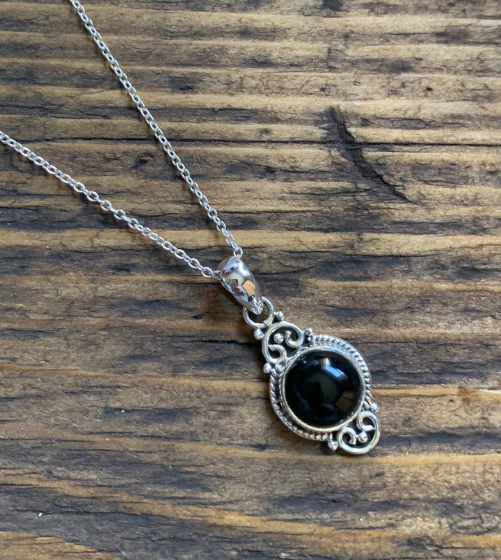 Black Onyx Vintage Scroll Pendant Necklace