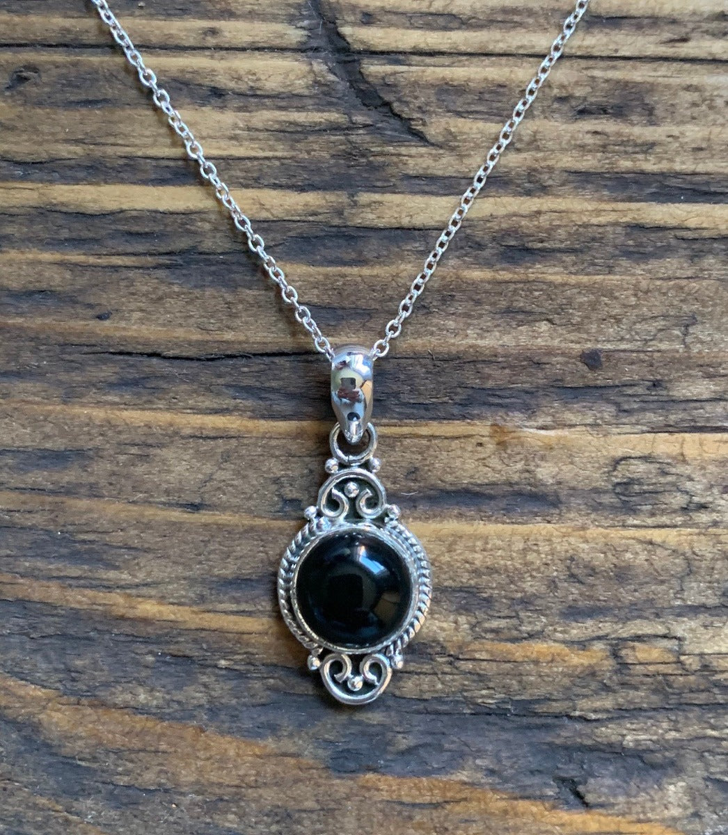 Black Onyx Dainty Elegant Flower Pendant Necklace by Springwaves