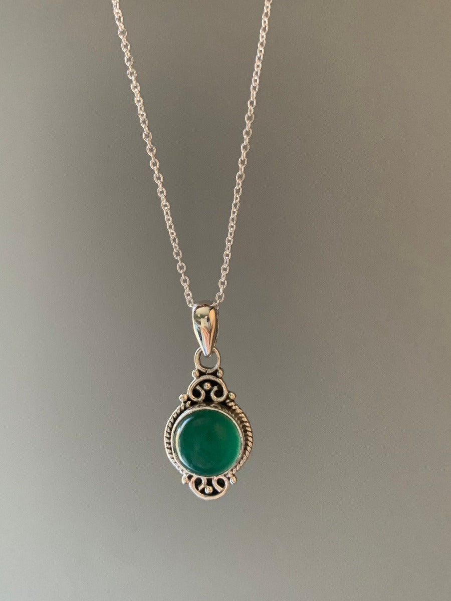Green Onyx Dainty Elegant Flower Pendant Necklace by Springwaves