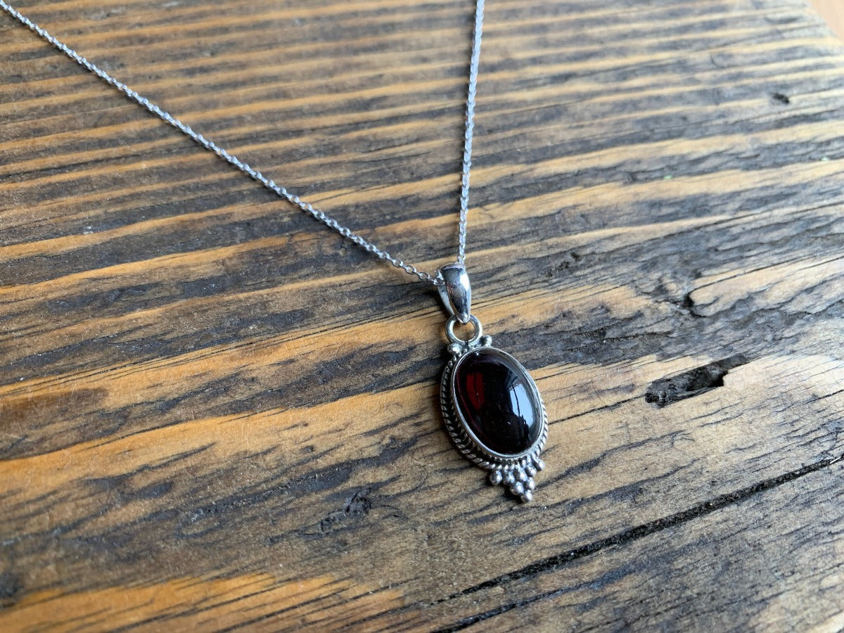 Sterling Silver Boho Oval Garnet Necklace Pendant by Springwaves