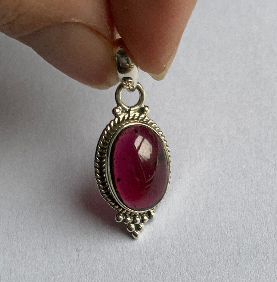 Sterling Silver Boho Oval Garnet Necklace Pendant by Springwaves
