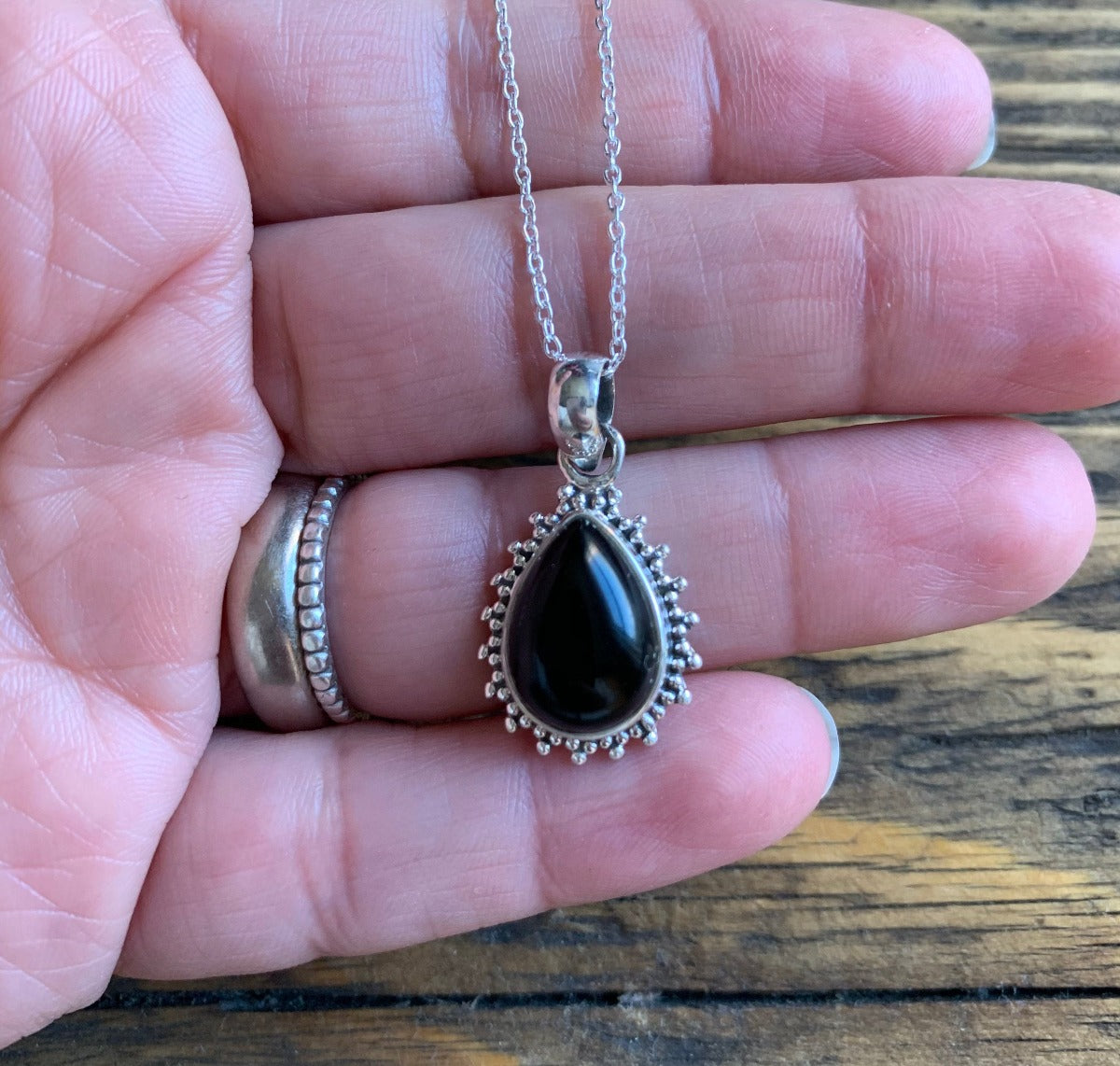 Black Onyx Silver Boho Teardrop Necklace by Springwaves