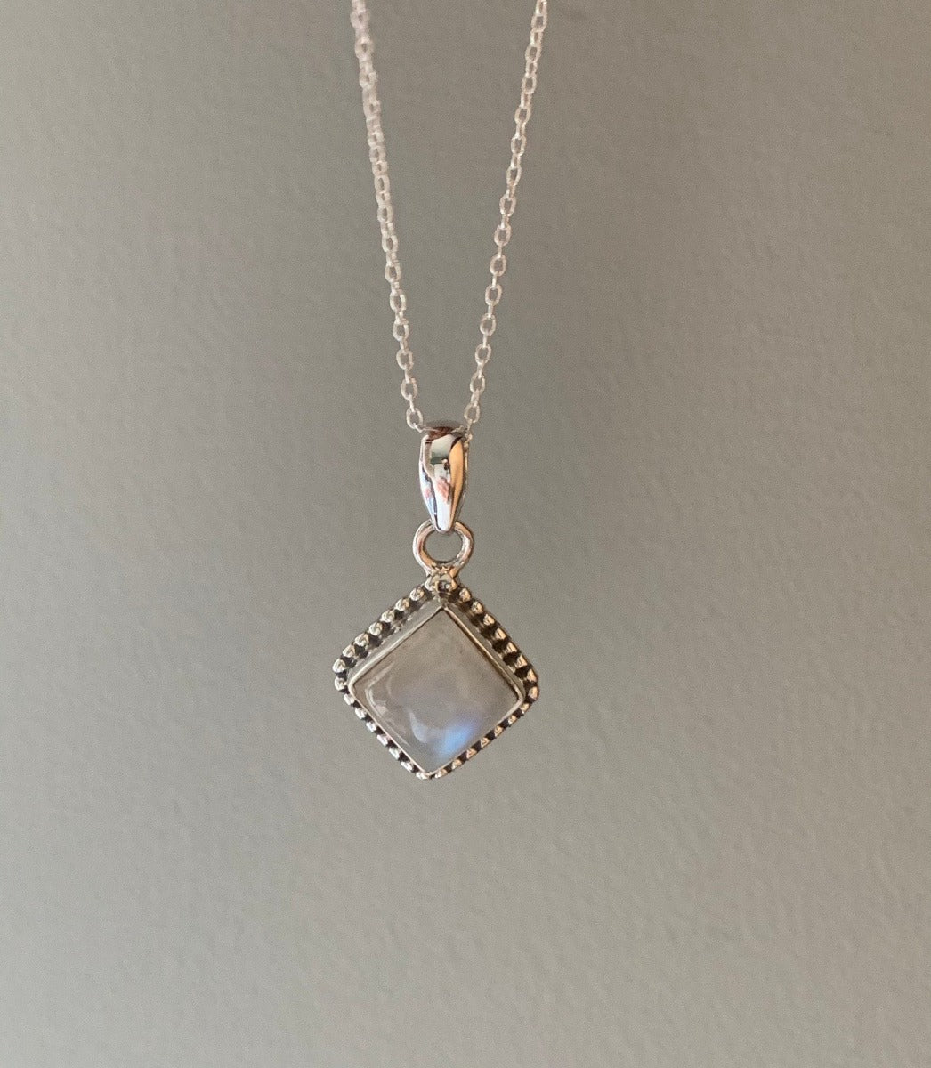 Sterling Silver Square Rainbow Moonstone Necklace by Springwaves