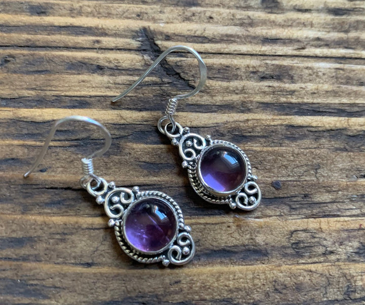 Amethyst Vintage Scroll Silver Drop Earrings