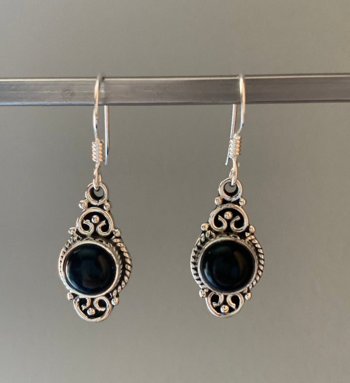 Black Onyx Vintage Scroll Silver Drop Earrings