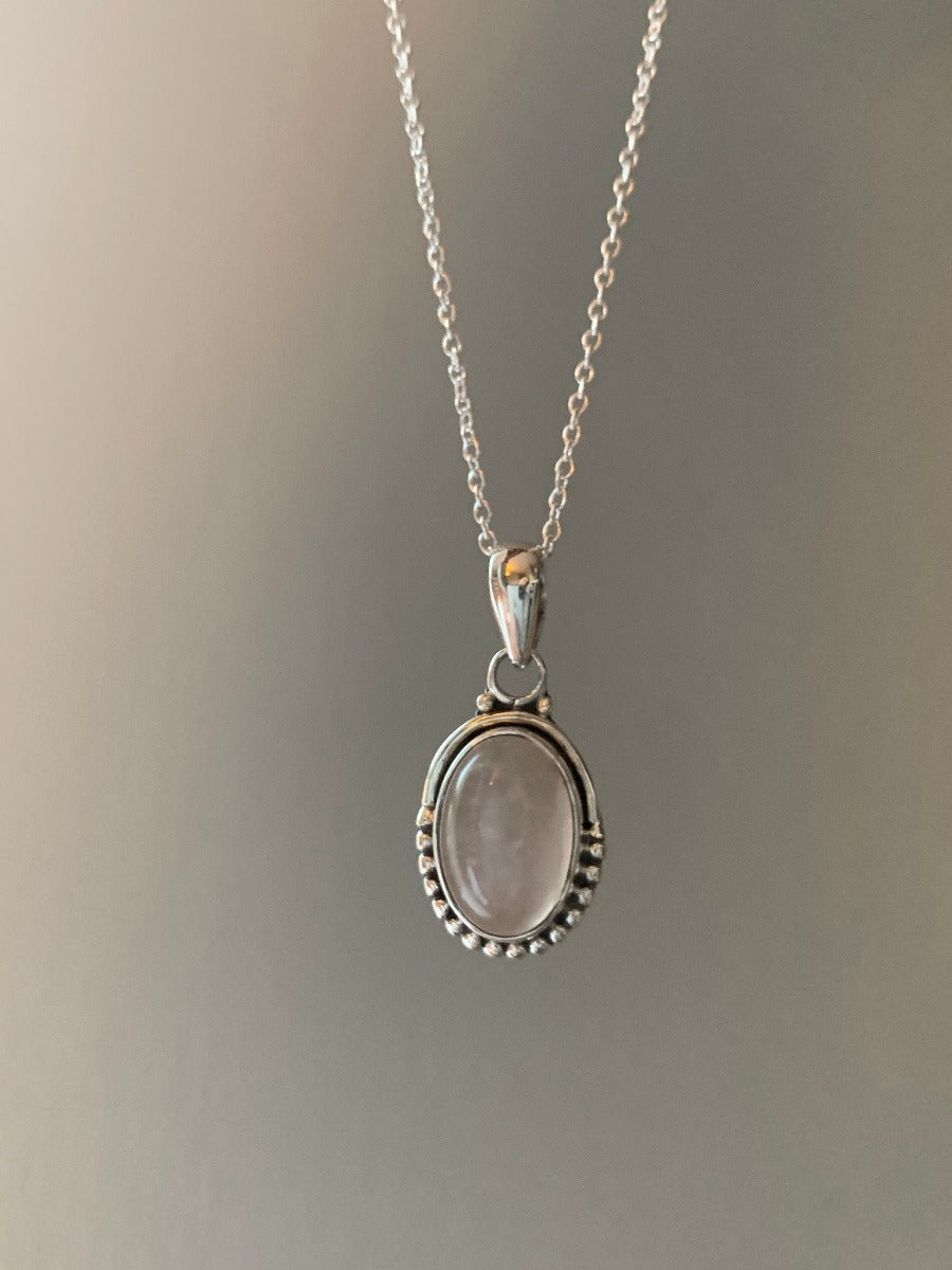 Sterling Silver Oval Pink Quartz Necklace by Springwaves