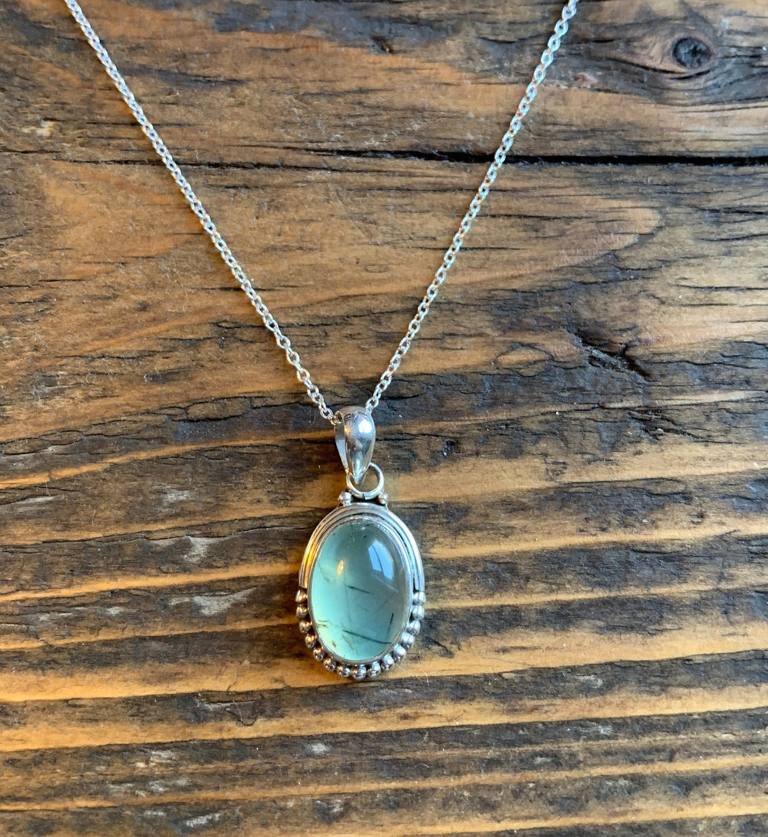 Sterling Silver Oval Prehnite Necklace by Springwaves