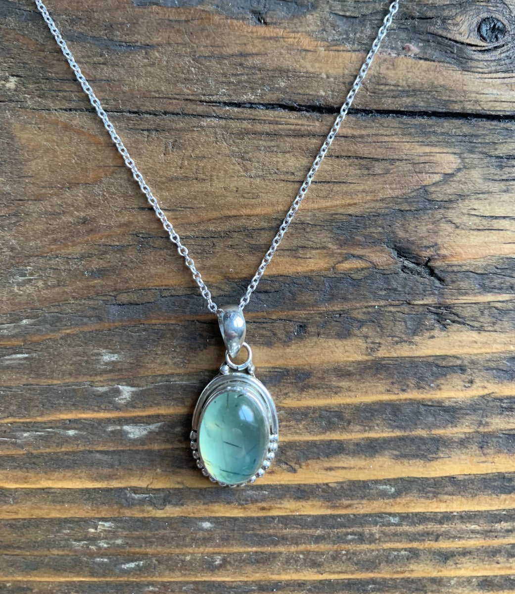 Sterling Silver Oval Prehnite Necklace by Springwaves