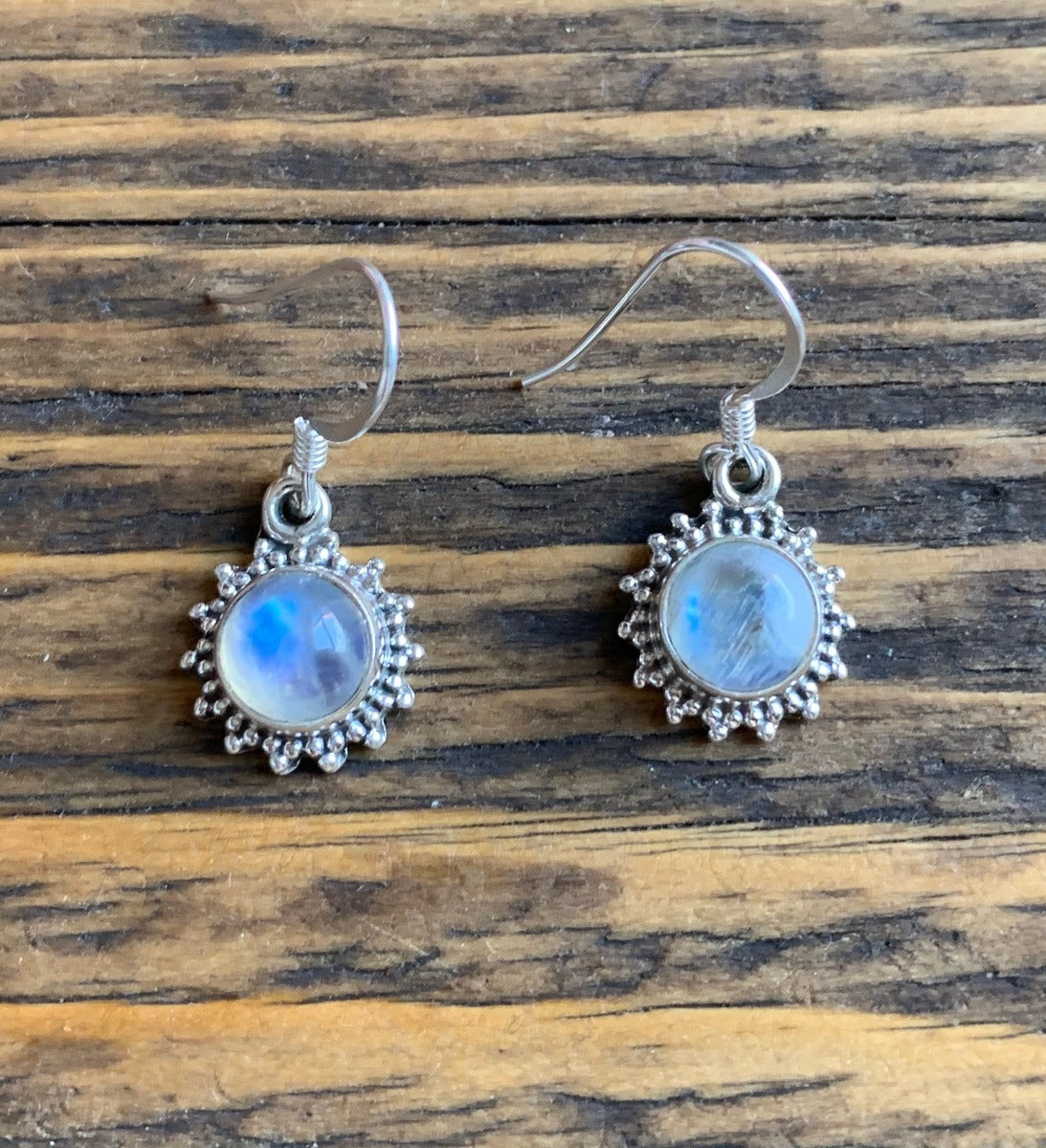 Sterling Silver Sunburst Rainbow Moonstone Earrings by Springwaves