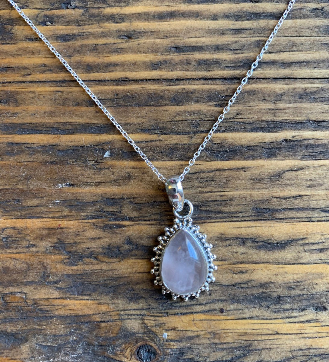 Rose Quartz Silver Boho Teardrop Necklace by Springwaves
