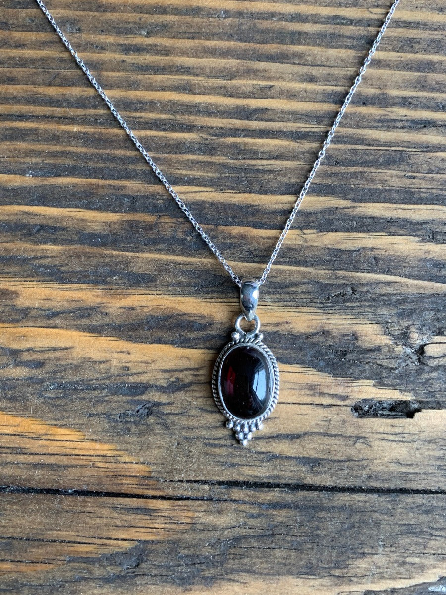 Sterling Silver Boho Oval Garnet Necklace Pendant by Springwaves