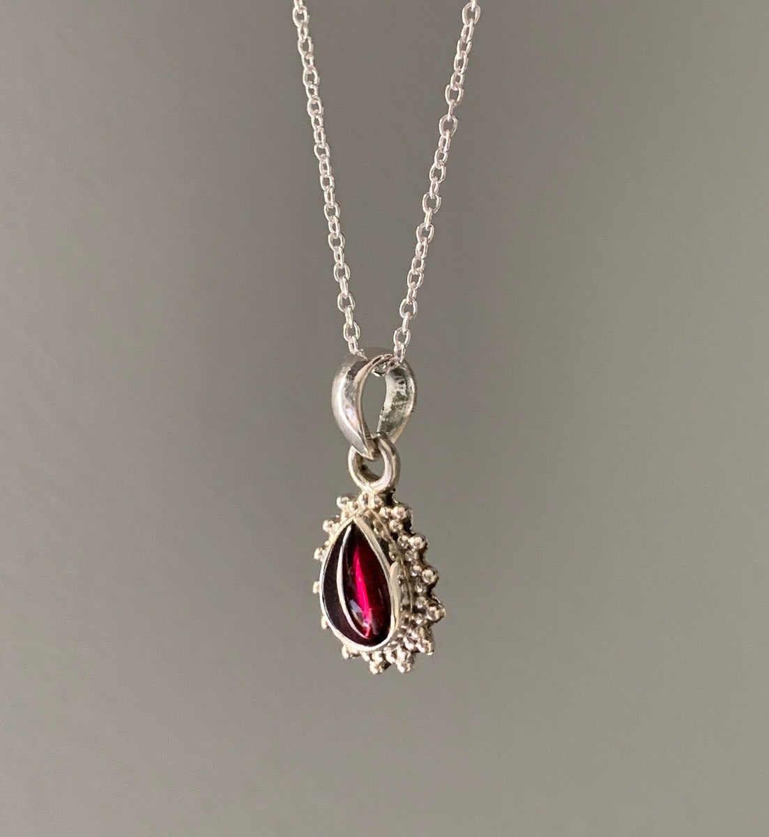 Silver Garnet Boho Teardrop Pendant Necklace by Springwaves