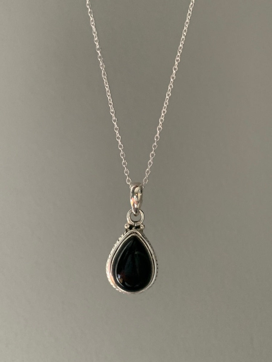 Black Onyx Teardrop Silver Pendant Necklace by Springwaves