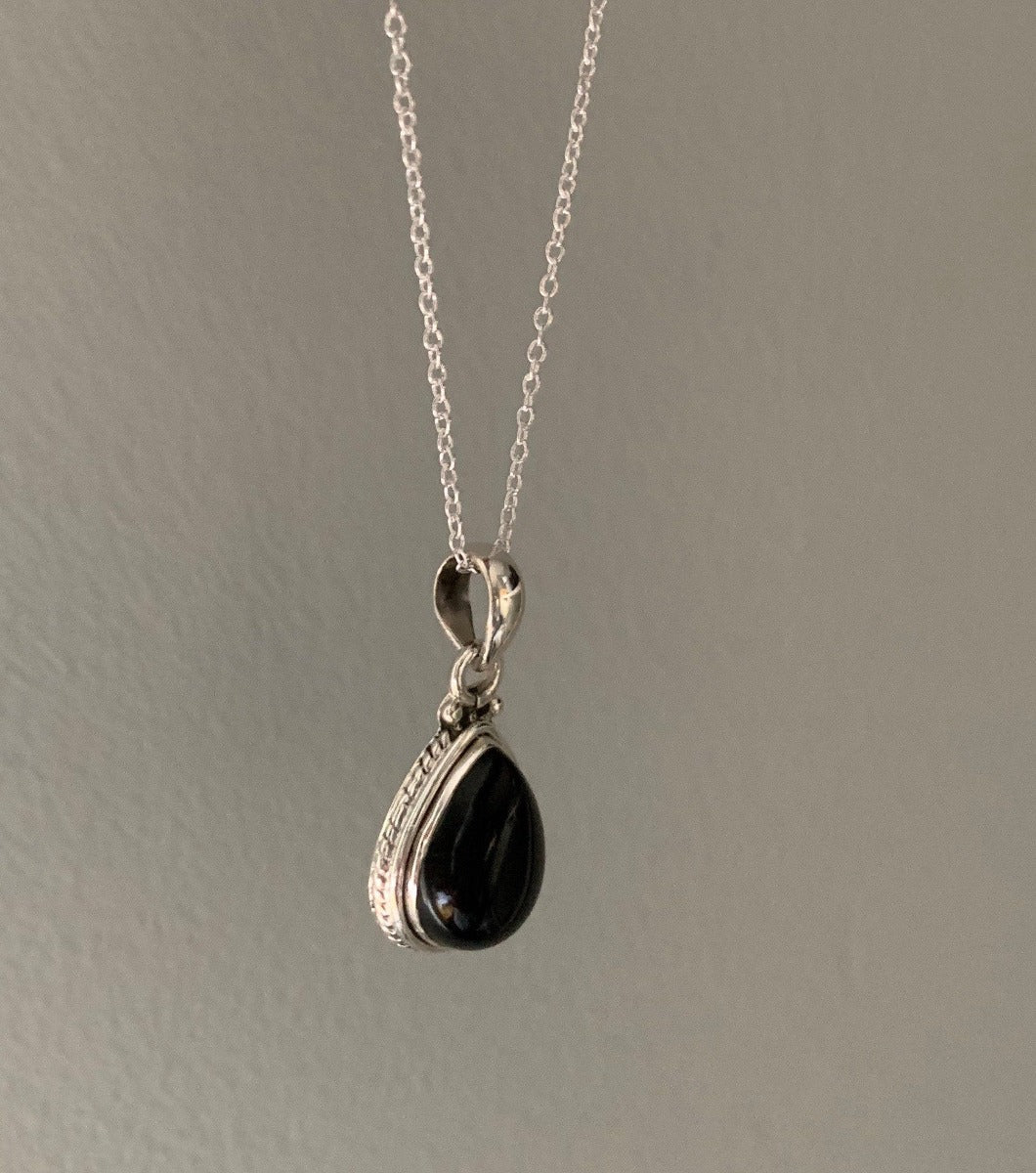 Black Onyx Teardrop Silver Pendant Necklace by Springwaves