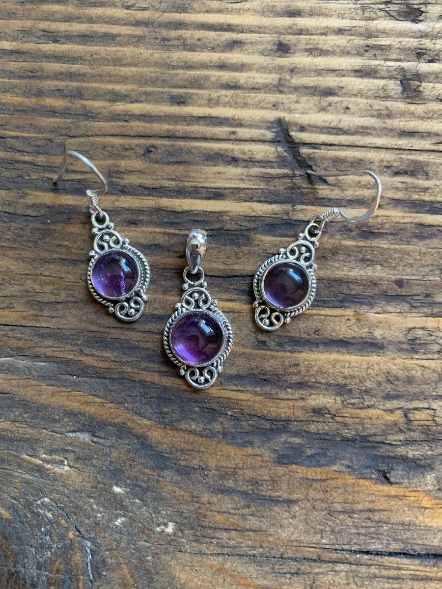 Delicate Ornate Silver Amethyst Drop Earrings and Pendant by Springwaves