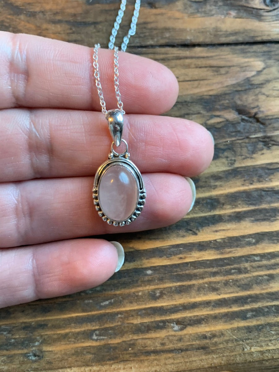 Sterling Silver Oval Pink Quartz Necklace by Springwaves