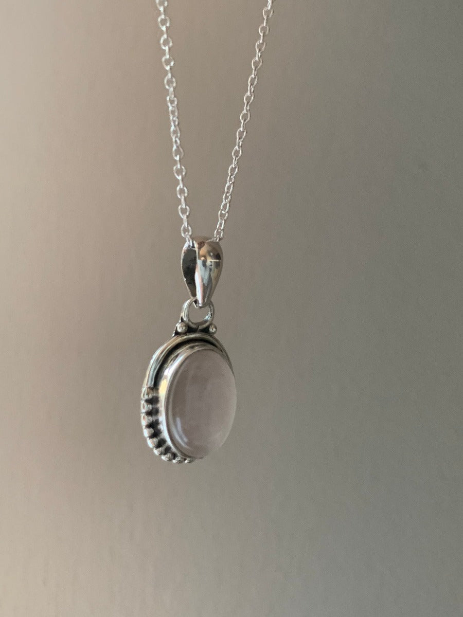 Sterling Silver Oval Pink Quartz Necklace by Springwaves