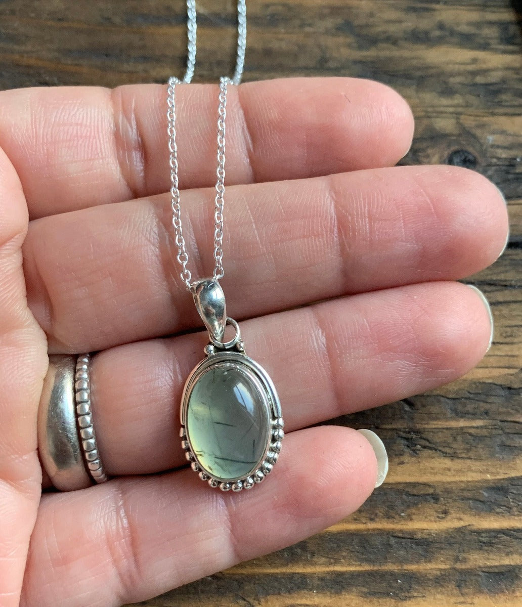 Sterling Silver Oval Prehnite Necklace by Springwaves