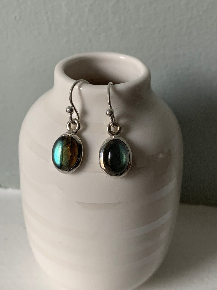 Classic Oval Silver Labradorite/Black Moonstone Drop Earrings by Springwaves