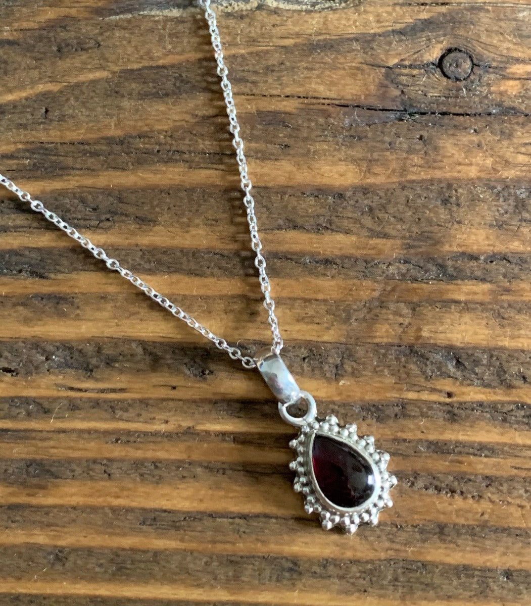 Silver Garnet Boho Teardrop Pendant Necklace by Springwaves