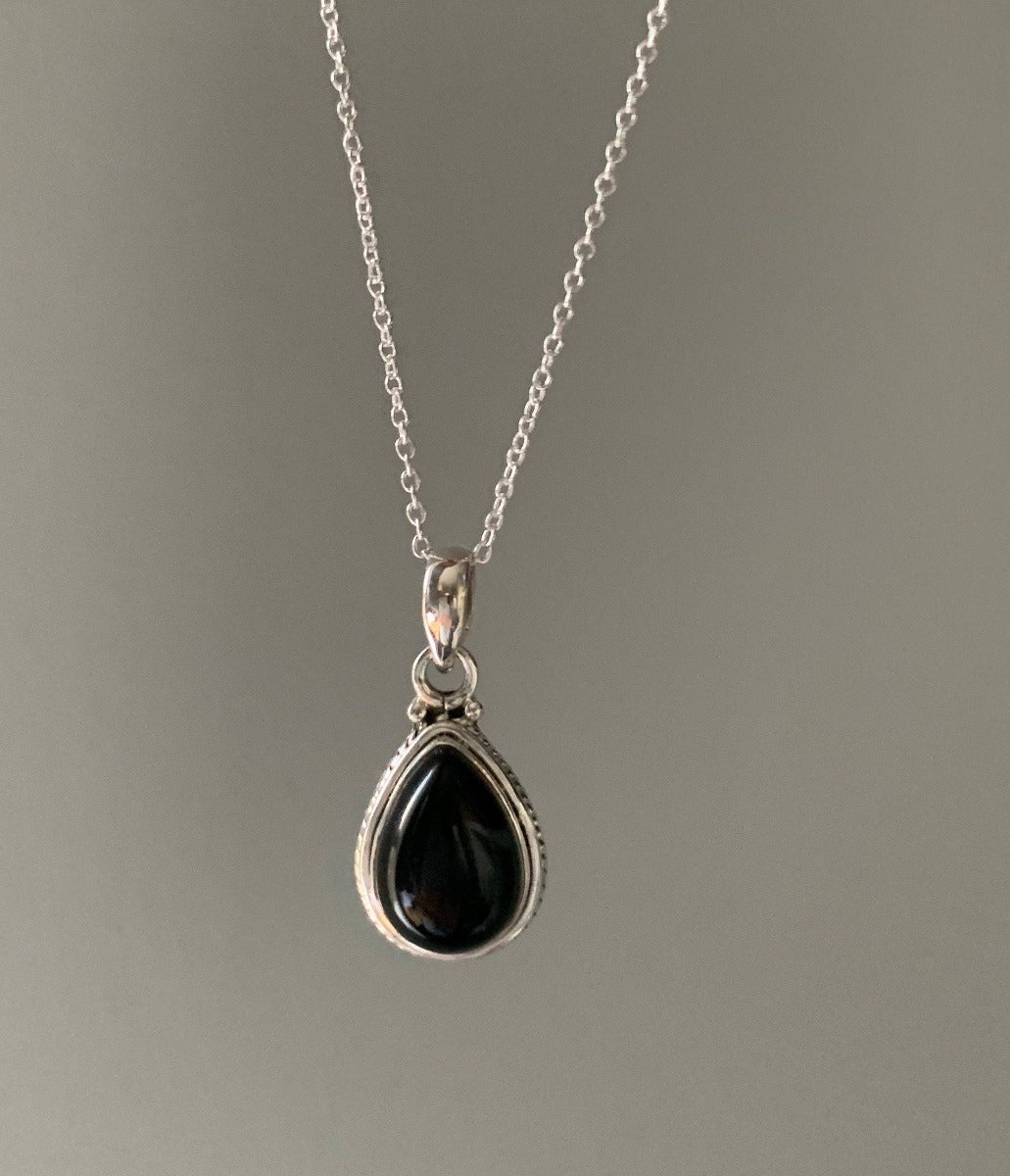 Black Onyx Teardrop Silver Pendant Necklace by Springwaves