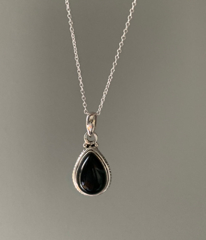 Black Onyx Teardrop Silver Pendant Necklace