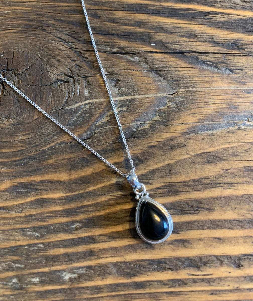 Black Onyx Teardrop Silver Pendant Necklace by Springwaves